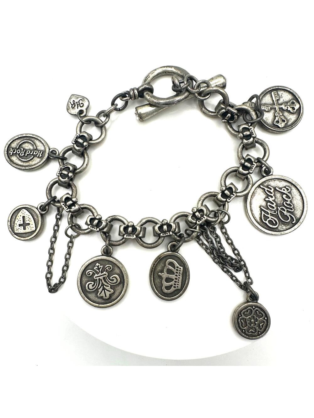 Y2K Hard Rock Cafe Hotel silver tone punk hanging chains charms bracelet 8”